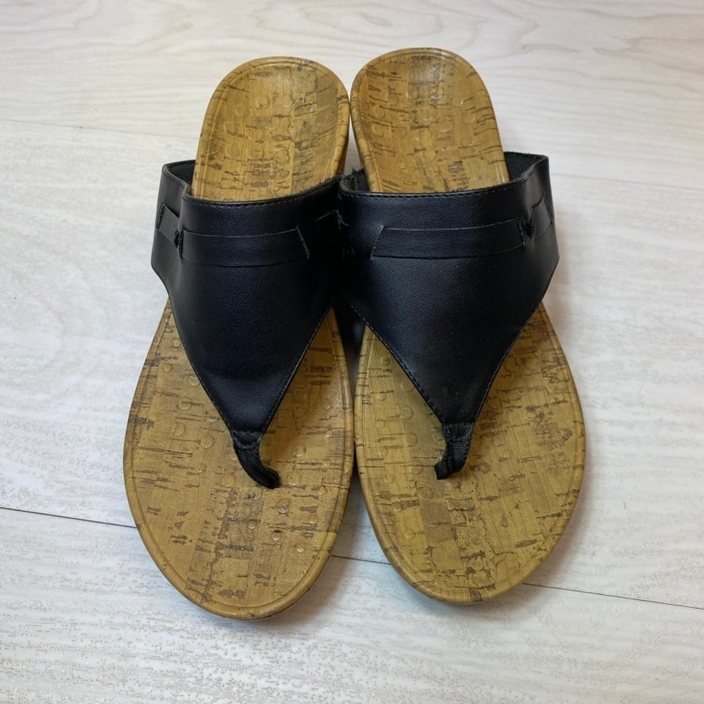 Vionic Women 8 Cameron Wedge Sandals Thong Black Faux Leather Cork Heel Orthotic